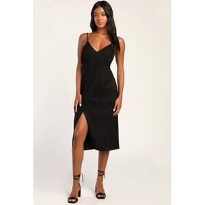 Lulus NWT View and I Black Tie-Back Faux-Wrap Midi Dress size Small